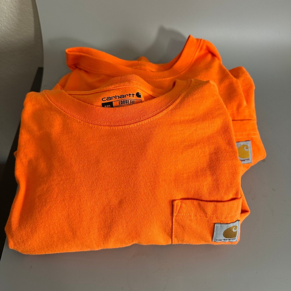 Carhartt Mens 2XL Loose Fit Long Sleeve Pocket T-Shirt Safety Orange Lot 0f 2